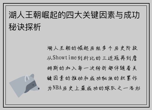 湖人王朝崛起的四大关键因素与成功秘诀探析