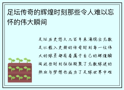 足坛传奇的辉煌时刻那些令人难以忘怀的伟大瞬间